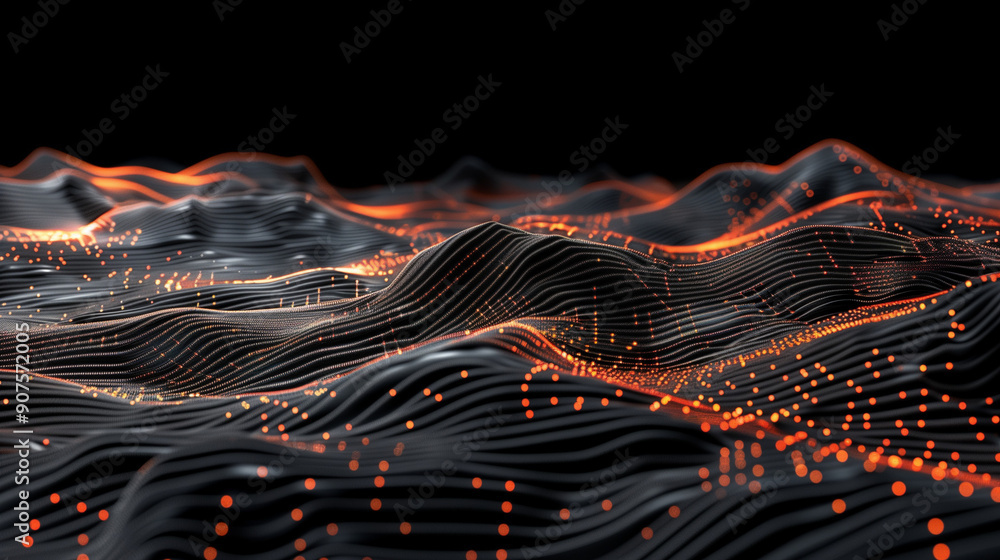 Aufkleber abstract digital landscape with orange glowing dots on wavy lines against a black background, repres