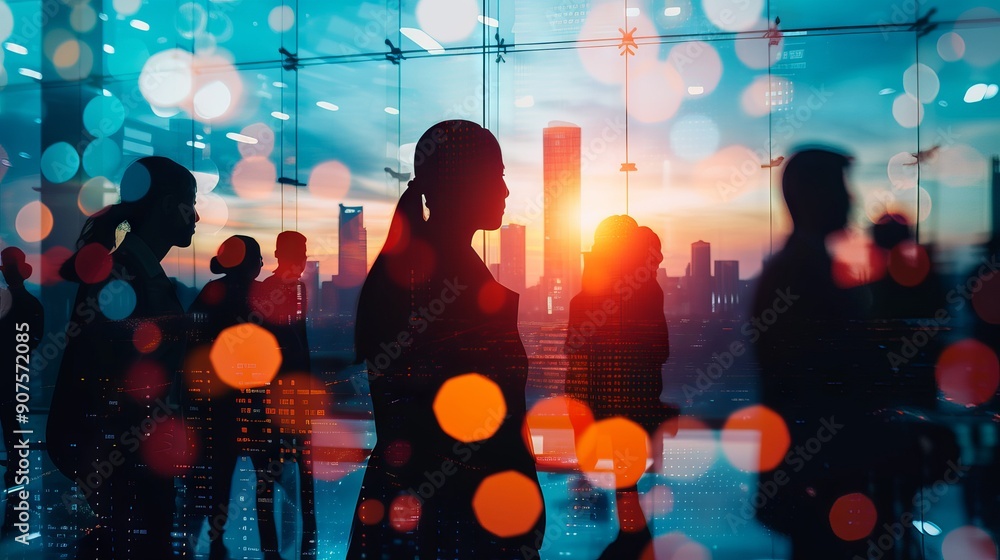 Poster silhouette of collaborative business professionals working together in a modern office setting, show