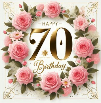 Elegant floral arrangement celebrating a 70th birthday with pink roses and golden accents.
