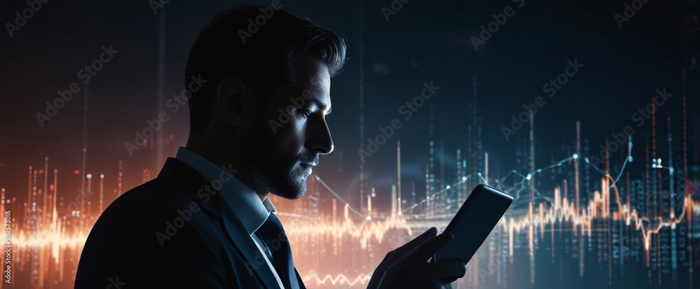 Poster the businessman using a tablet in a silhouette double exposure. in the background is network of glow