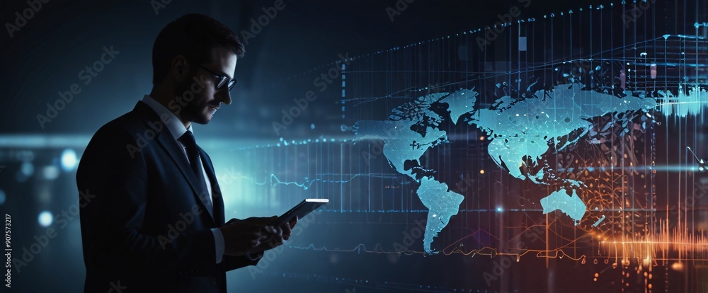 Poster the businessman using a tablet in a silhouette double exposure. in the background is network of glow
