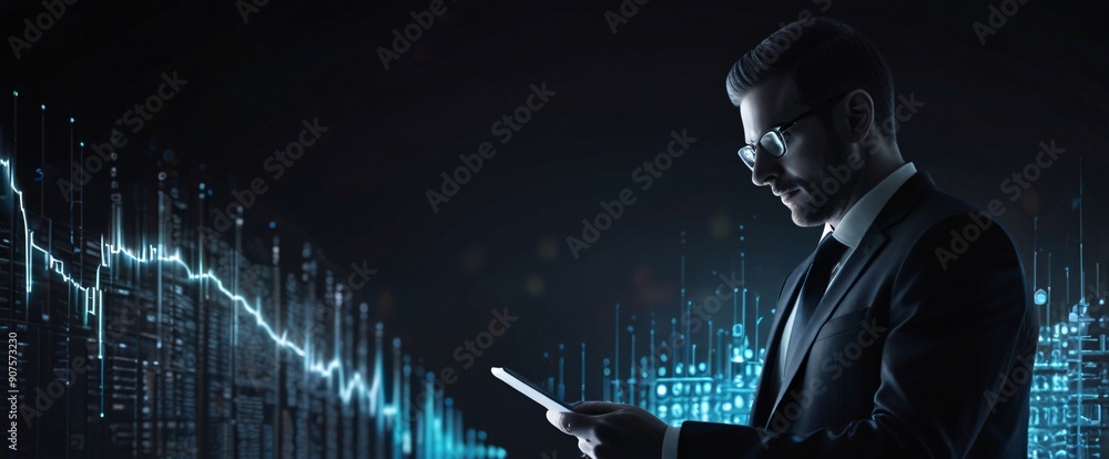 Poster the businessman using a tablet in a silhouette double exposure. in the background is network of glow