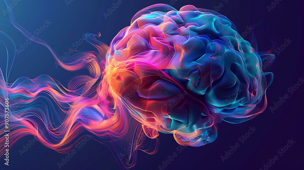 Poster stylized abstract representation of a human brain, glowing with energy and lines representing though