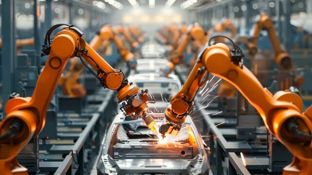 Robotic arms welding car body frames on an automotive assembly line, contributing to the mass production of vehicles.