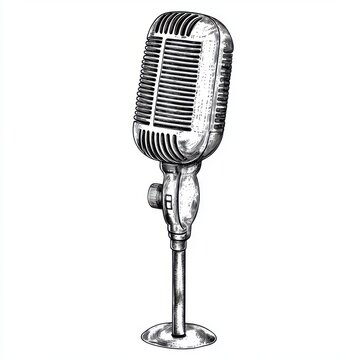recommend clip art: Black and white Vintage engraved art of a vintage radio microphone isolated on white background, ink sketch illustration, simple vector art design, highly detailed line art, high contrasty