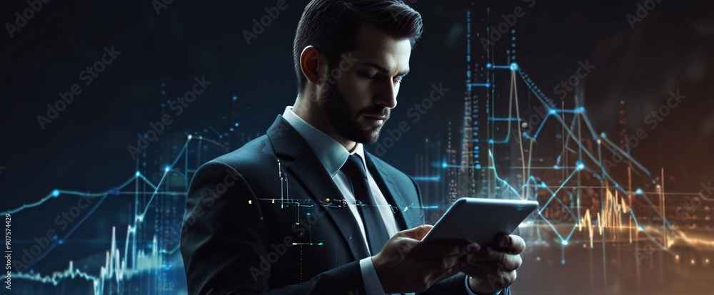Poster the businessman using a tablet in a silhouette double exposure. in the background is network of glow
