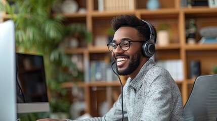 Fototapeta premium Smiling call center operator wearing a headset working remotely in a cozy living room, providing customer support and demonstrating professional service in a home office environment.