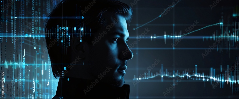 Poster the businessman using a tablet in a silhouette double exposure. in the background is network of glow