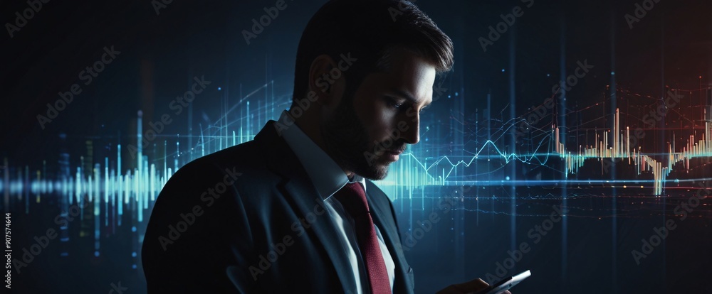 Poster the businessman using a tablet in a silhouette double exposure. in the background is network of glow