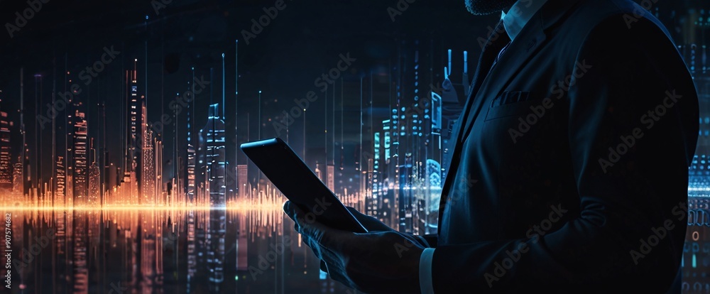 Poster the businessman using a tablet in a silhouette double exposure. in the background is network of glow