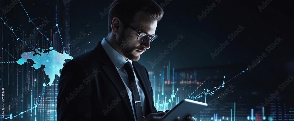 Poster the businessman using a tablet in a silhouette double exposure. in the background is network of glow