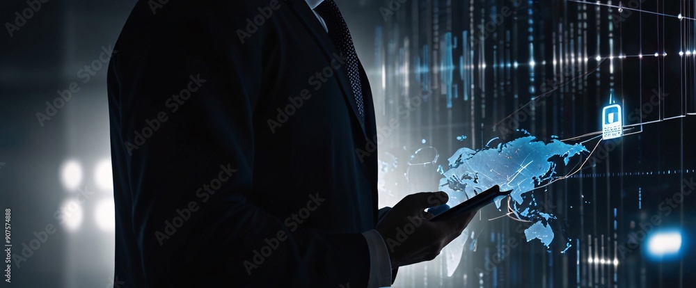 Poster the businessman using a tablet in a silhouette double exposure. in the background is network of glow