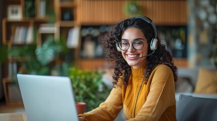 Smiling call center operator wearing a headset working remotely in a cozy living room, providing customer support and demonstrating professional service in a home office environment.