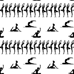 Seamless pattern in line art style of yoga poses, simple line style, elegant and sophisticated silhouettes, black contours on a white background, vector