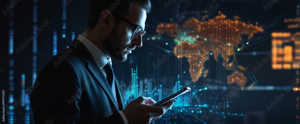 Poster the businessman using a tablet in a silhouette double exposure. in the background is network of glow