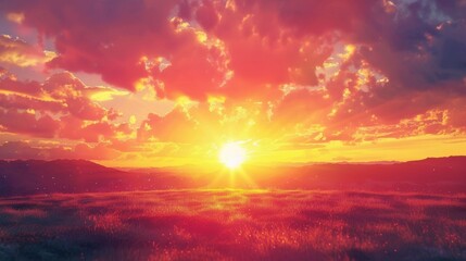 Fototapeta premium A breathtaking sunset background with a sky ablaze in hues of orange, pink, and purple, the setting sun casting long shadows and a golden glow over the landscape, creating a romantic and tranquil