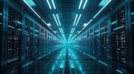 Fototapeta premium A high-tech data center background with rows of server racks, illuminated by the soft glow of LED lights, the scene is clean and organized, perfect for technology and IT themes, with a sense of