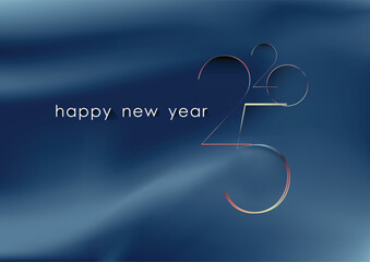 Celebrate Happy New Year 2025 with vibrant colors and trendy designs, featuring waves of fabric and water elements, creating a joyful and modern illustration full of depth and happiness.