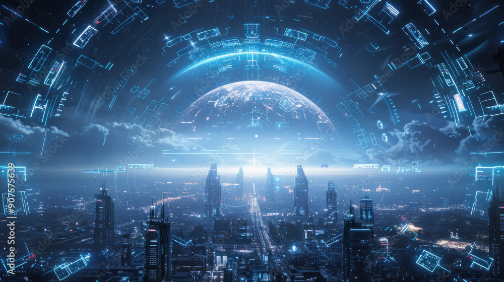 Poster technology background, an expansive view of a modern technological hub, showcasing advanced architec