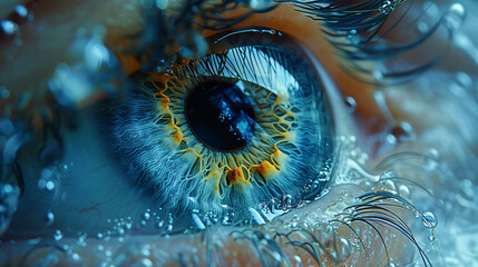 Close-up view of blue colour human eye with cornea intricate iris