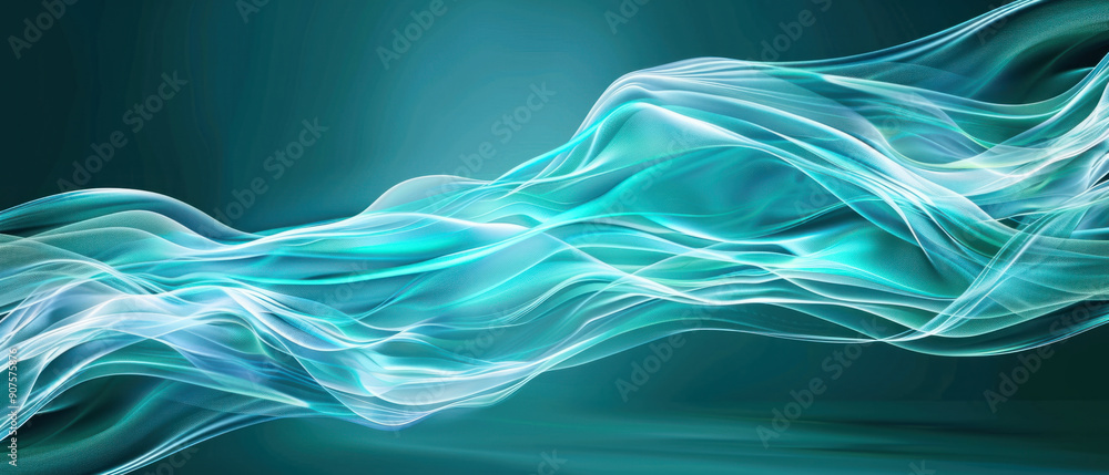 Poster technology background, dynamic neon patterns flow through the canvas, swirling in shades of green an