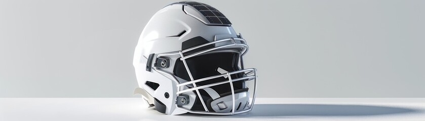 Fototapeta premium A white football helmet with a black face mask. The helmet is placed on a table. The helmet is a symbol of protection and safety, which is important in sports like football