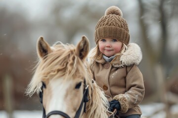 Fototapeta premium Little girl wearing winter clothes riding horse in snowy landscape