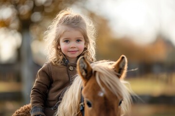 Fototapeta premium Little girl wearing winter clothes riding horse in snowy landscape