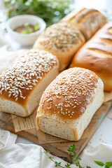 healthy bread,  Low carb bread loaves arranged beautifully on a rustic wooden table, with sesame and sunflower seeds topping. Soft natural light filters through a nearby window,
