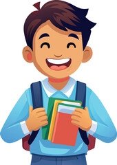 Happy student boy holding books going to school