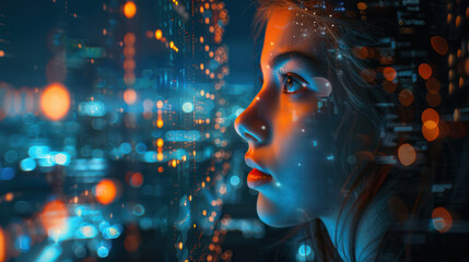 cyber security,  Portrait of a young woman gazing thoughtfully at a dynamic security hologram floating in front of her eyes, surrounded by a futuristic city skyline at night, with