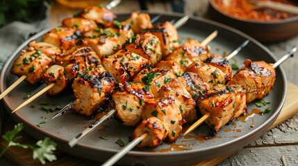 Grilled chicken skewers garnished with fresh herbs served on a round plate.