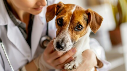A Jack Russell Terrier dog at a vet's appointment.