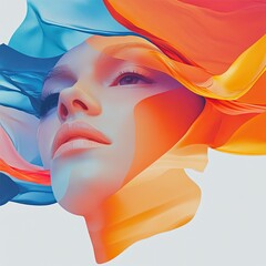 Chromatic Serenity: A woman's face emerges from a vibrant, abstract swirl of blue and orange hues, her serene expression a testament to the beauty of tranquility amidst chaos. 