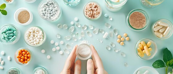 A detailed shot of a person organizing beauty supplements in a pill organizer, emphasizing consistency in beauty regimen, high detail