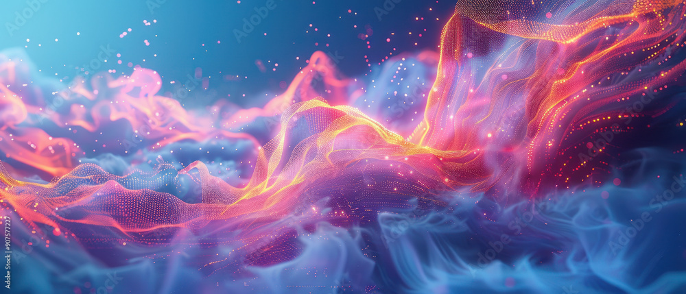 Poster technology background, a captivating translucent swirl of colors dominates the composition, set agai
