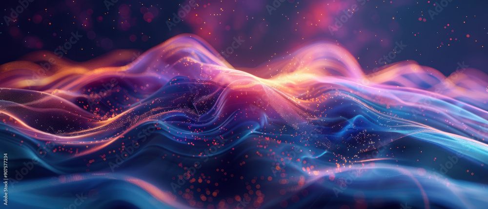 Poster technology background, a captivating translucent swirl of colors dominates the composition, set agai