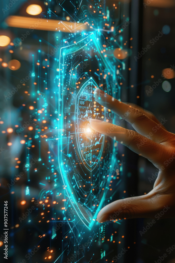 Aufkleber cyber security, a close-up of a human hand actively interacting with a floating tech-security hologr