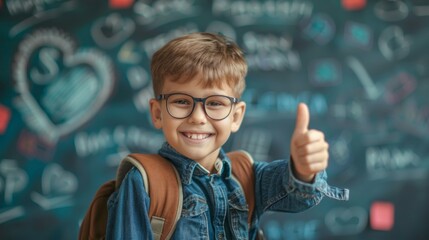 A young boy wearing glasses and a blue shirt is giving a thumbs up