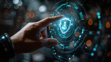 cyber security,  A close-up of a human hand actively interacting with a floating tech-security holographic icon that features a shield design. The setting is a modern office space,