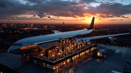 Aerial view of an airplane transformed into a rooftop cafe, sunset lighting, digital painting