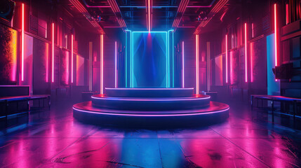 Obraz premium Technology Background, A dynamic futuristic podium is vividly illuminated with neon colors in a modern venue. The contrasting lights enhance its sleek features, making it perfect