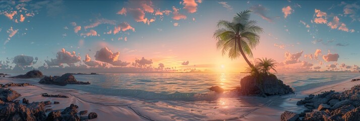 Tropical Island Paradise at Sunset with a Palm Tree, a 360 Panoramic HDRI Environment Map for 3D Rendering and Virtual Exploration