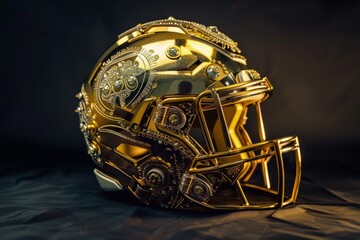 A gold helmet with a gold face mask on it