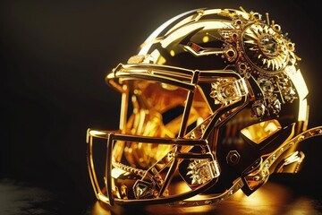 A gold helmet with a lot of jewels on it. The helmet is shiny and looks like it's from a fantasy world