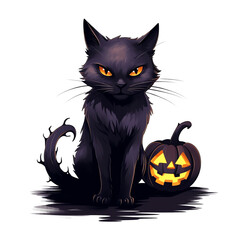 Black cat with glowing pumpkin. Perfect for Halloween decorations and festive themes. Spooky and mysterious atmosphere.