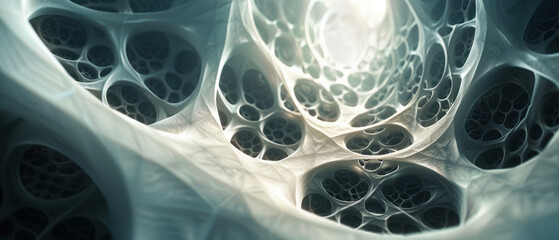 Technology Background,  A series of three-dimensional geometric patterns form a captivating web, converging towards the center of the image. The luminous edges and varying shades