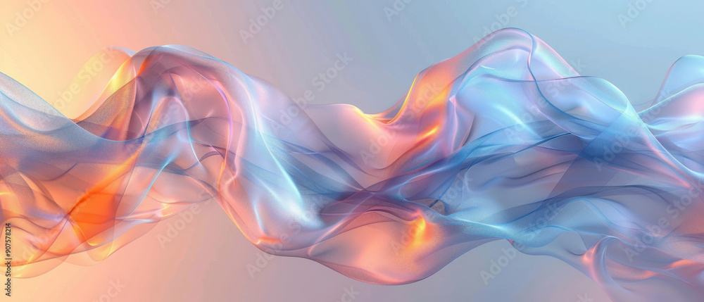 Poster abstract background, a striking translucent and iridescent swirling shape glimmers at the center of 