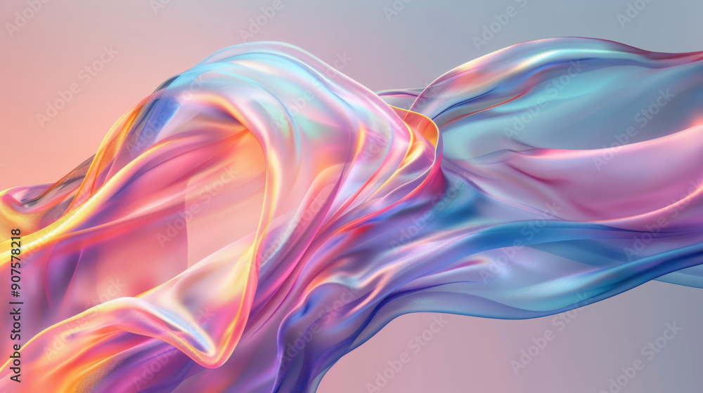 Poster abstract background, a striking translucent and iridescent swirling shape glimmers at the center of 