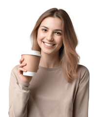 smiling woman holding a paper cup of coffee isolated on transparent background